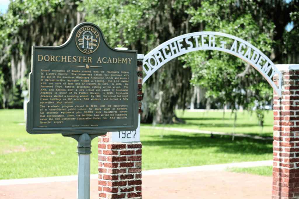 Historical marker posted outside of Dorchester Academy in Liberty County, Georgia.