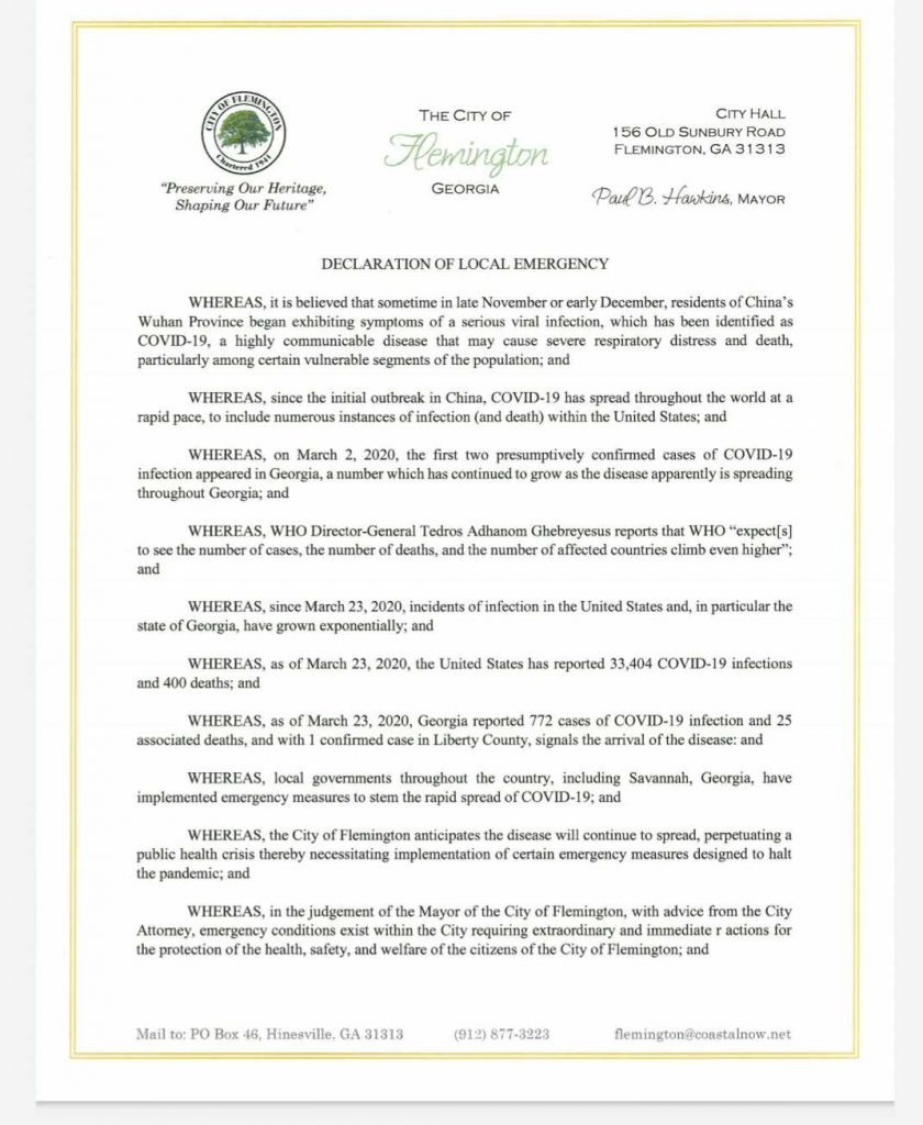 The City of Flemington Declaration of Local Emergency and Extension