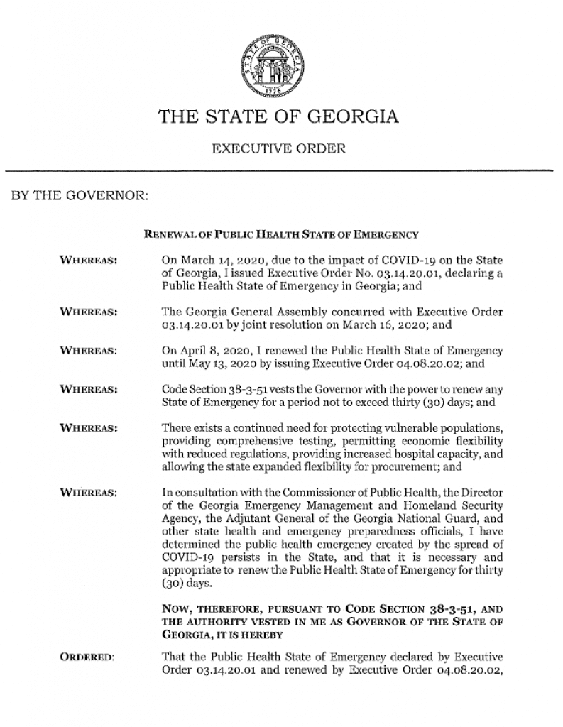 Governor Kemp's Executive Order Extending the State of Emergency Until June 12