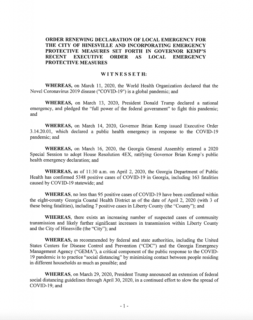 City of Hinesville Renewal of Emergency Order Adopted 04/03/20