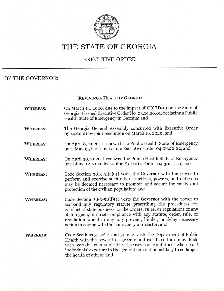 Executive Order 05.28.20 - Reviving a Healthy Georgia
