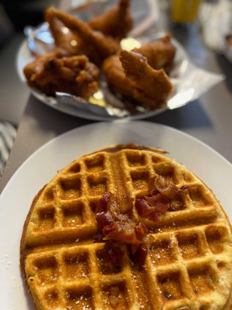 The chicken and waffles at The Yellow Bee!