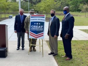 Great American Defense Community Ceremony – March 31, 2021 (Pictured left to right: Mayor Allen Brown, City of Hinesville and CGMAC Chairman, COL Bryan Logan, Former Garrison Commander, Fort Stewart and Hunter Army Airfield, COL (Ret) Pete Hoffman, Executive Director, CGMAC and Mr. Kenneth Howard, City Manager, City of Hinesville and Treasurer, CGMAC)