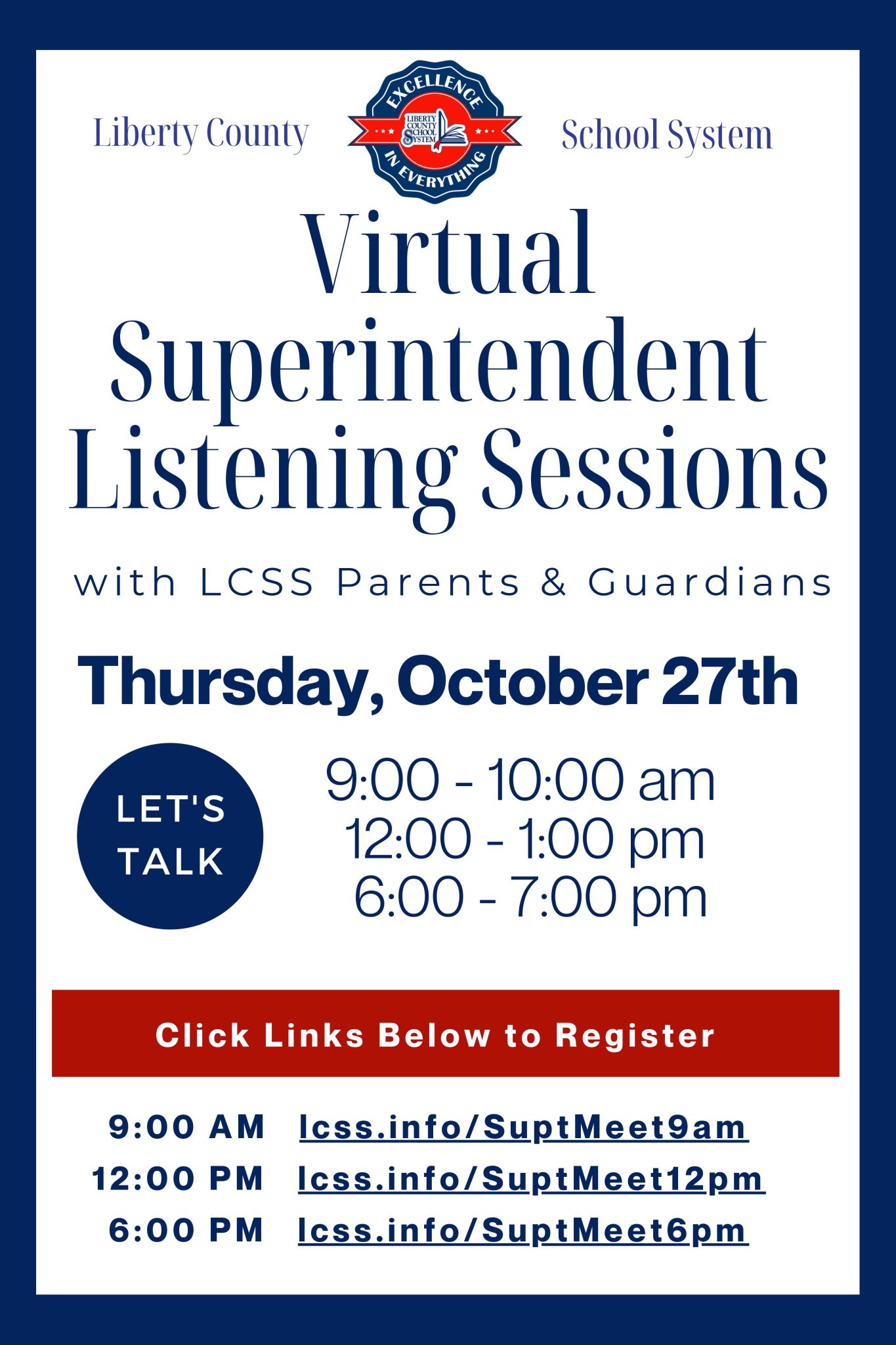 Flyer for Virtual Superintendent Listening Sessions