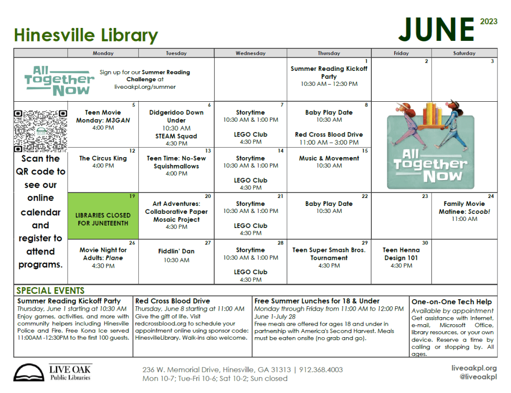 Hinesville Library June 2023 Calendar flyer