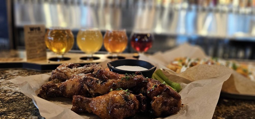 World of Beer wings and beer flight
