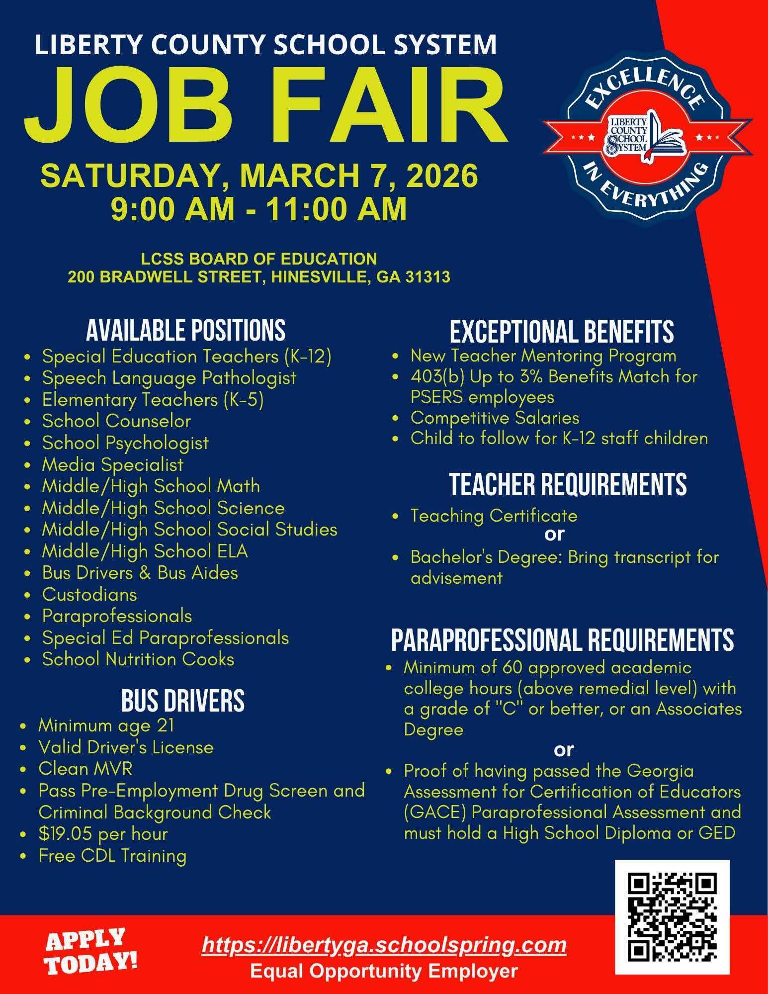 Flyer for Liberty County School System's job fair on March 7th.
