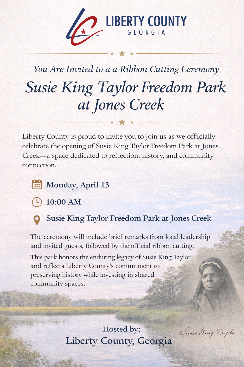 Flyer for ribbon cutting for Susie King Taylor Freedom Park.