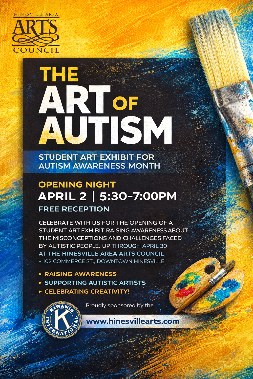 The art of autism art exhibit opening flyer.